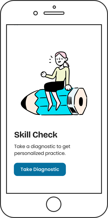 Phone mockup image showing the Mission SAT dashboard home in the skill check section