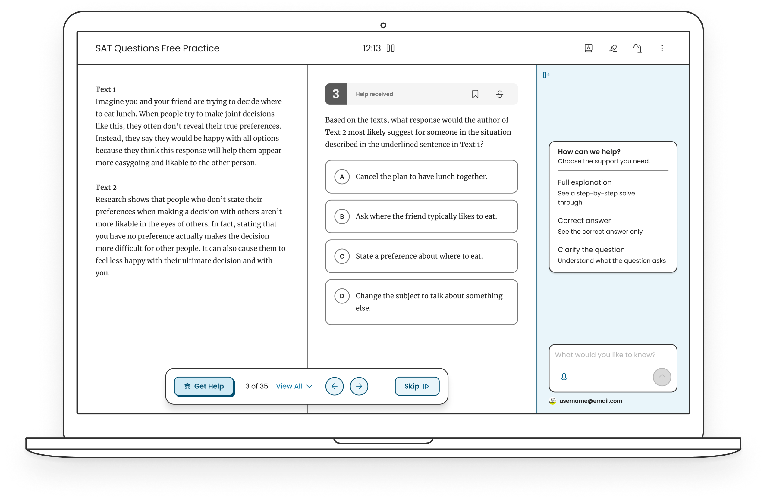 Laptop mockup with a screenshot of the Mission SAT practice page and the Get Help button active showing the AI explanation feature