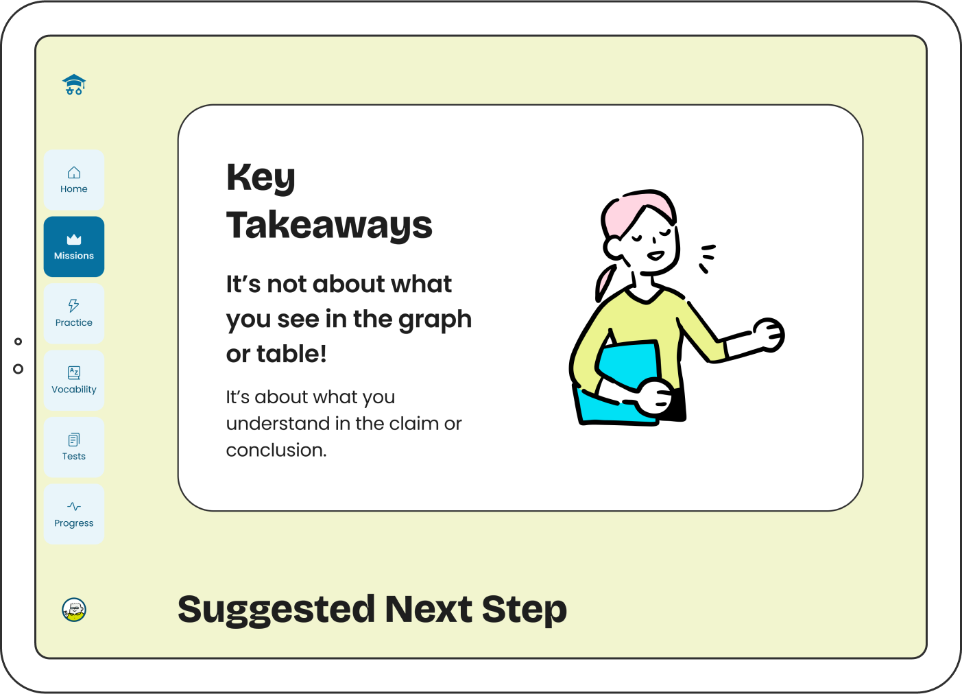Tablet showing a Mission page in the Key Takeaways section.