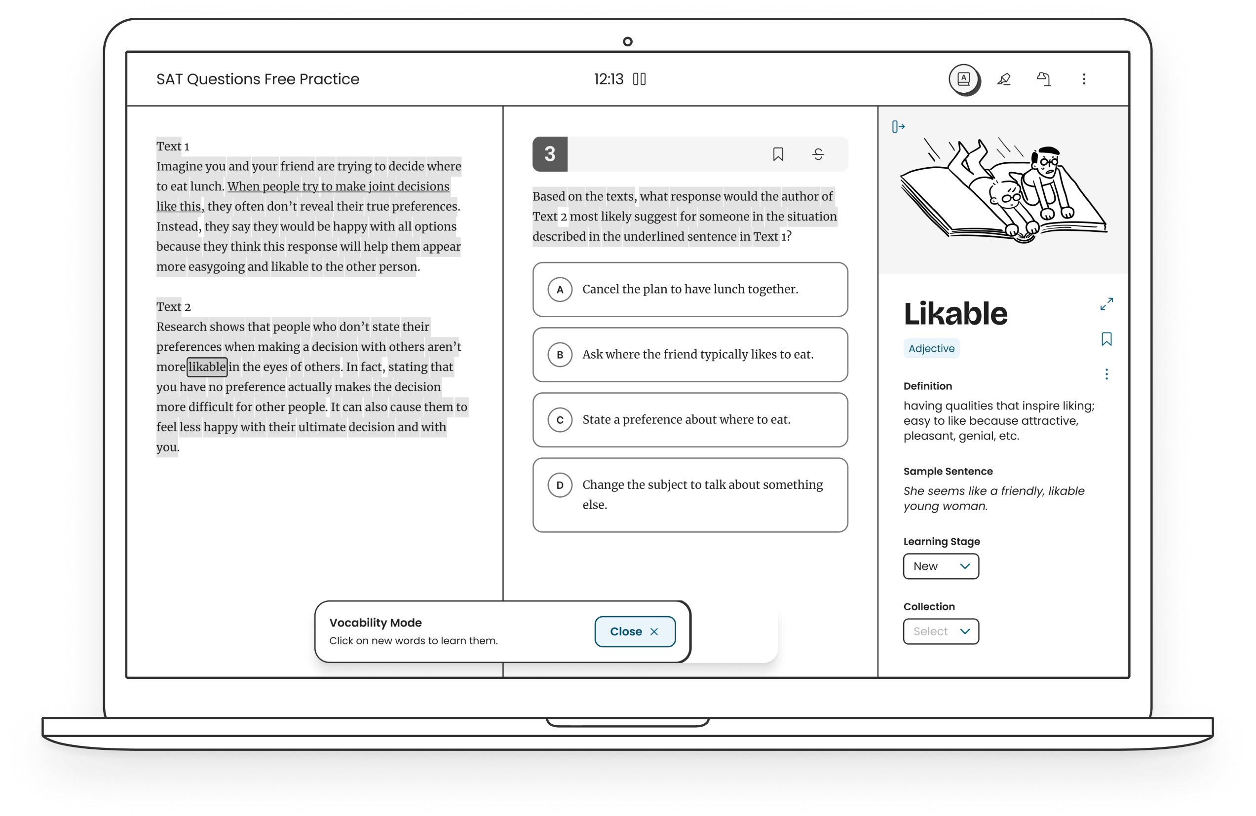 Laptop mockup with a screenshot of the Vocability feature in the SAT practice page showing the explanation of the word "Likable" found in a SAT question passage