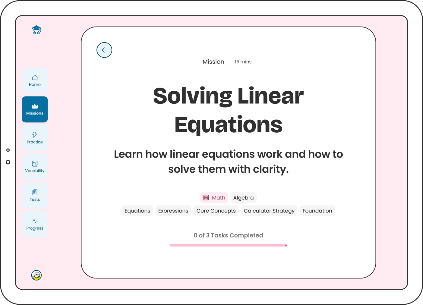 Tablet showing the screenshot of a study Missions page titled Solving Linear Equations.